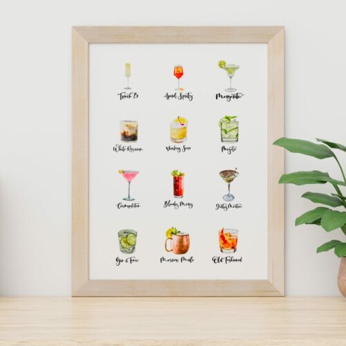 Hand Lettered Classic Cocktail Print with Digital Watercolor Picture of Each Drink