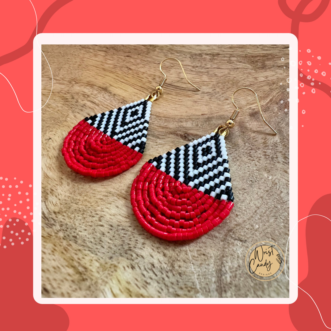 Black & white with red arches beaded earrings
