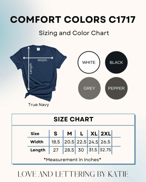 Comfort Colors C1717 Adult Unisex T-Shirt Color and Size Chart