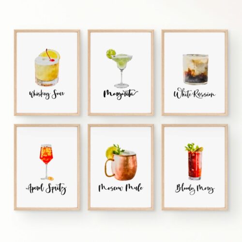 Hand Lettered Classic Cocktails with Digital Watercolor Drink Picture