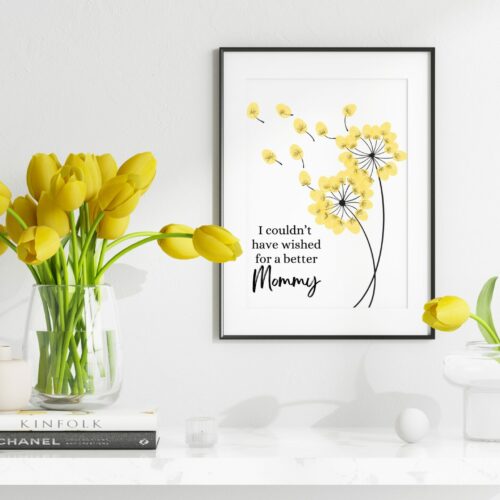Printable available in multiple size options featuring 2 dandelions and the saying, “I couldn’t have asked for a better Mommy.”