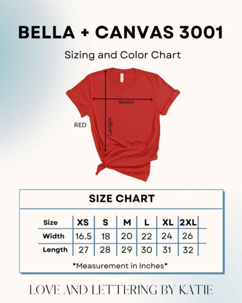 Size and Color chart for Bella Canvas 3001 T-Shirt for RED Friday shirts