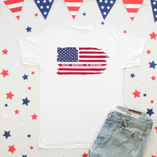 Bella Canvas 3001 unisex t-shirt in white with distressed red, white, and blue American flag with the saying, “Red, White, and Boom” on it