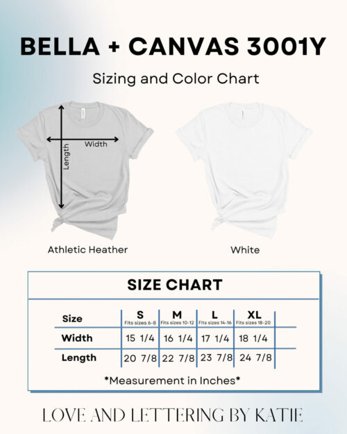 Bella Canvas 3001 Unisex Color and Size Chart for Youth