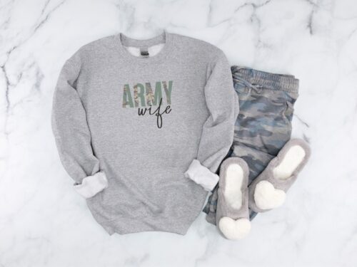 Gildan SF000 crewneck sweatshirt in sport grey with “Army” in split camo-green lettering and “wife” in black hand lettering