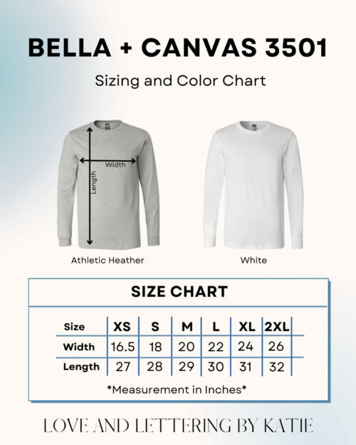 Bella Canvas 3501 Long Sleeve Tee Unisex Color and Size Chart for Adults