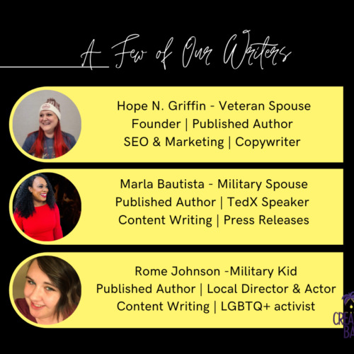military affiliated writers, spouses, and mil kid