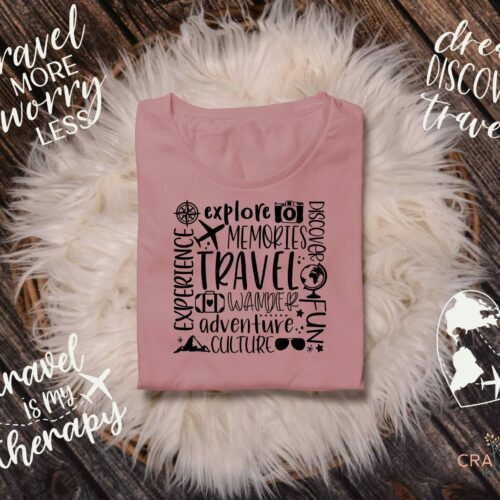 Bon Voyage Tee - Travel-Inspired Graphic Tee with 'Travel More, Worry Less' Design plus additional single color travel related graphics
