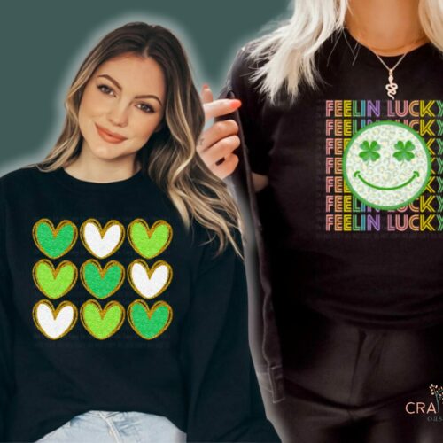 Handmade St Patrick's Day Graphic Tee. Option 1 is stacked Glitter Hearts in alternating shades of green and white. Option 2 is a Feeling Lucky design with smiling face in the center.