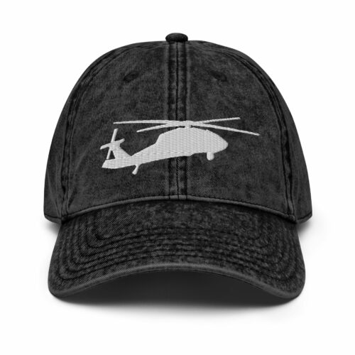 Black Hawk Helicopter embroidered in white on a black vintage style baseball cap