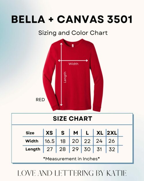 Bella Canvas 3501 Size and Color Chart for RED Friday shirt