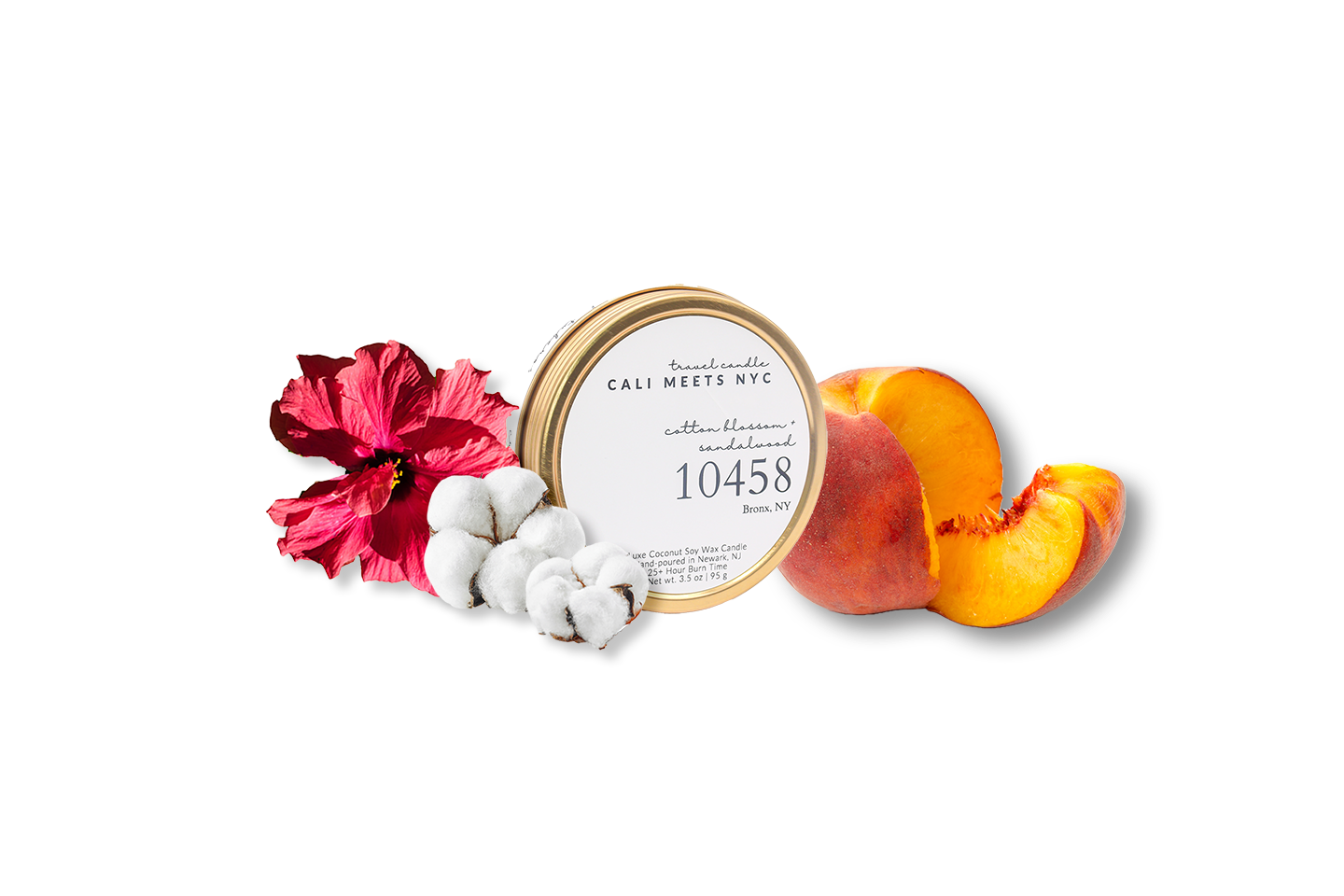 Cali Meets NYC 10458, Cotton Blossom + Sandalwood Coconut Soy Candle Tin2