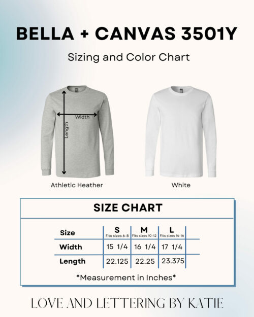 Bella Canvas 3501 Long Sleeve Tee Unisex Color and Size Chart for Youth