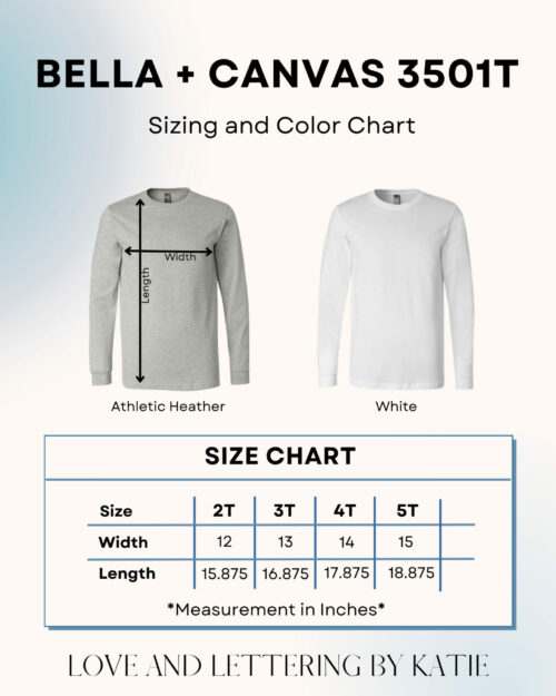 Bella Canvas 3501 Long Sleeve Tee Unisex Color and Size Chart for Toddlers