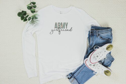 Bella Canvasd 3501 long sleeve tee in white with “Army” in split camo-green letters and “girlfriend” in black hand lettering