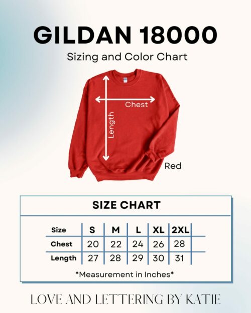 Size and color chart for Gildan 18000 RED Friday Crewneck sweatshirt