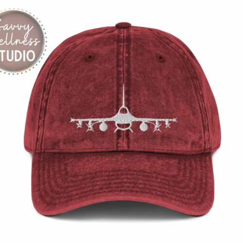 F-16 front view in white embroidery on red baseball cap