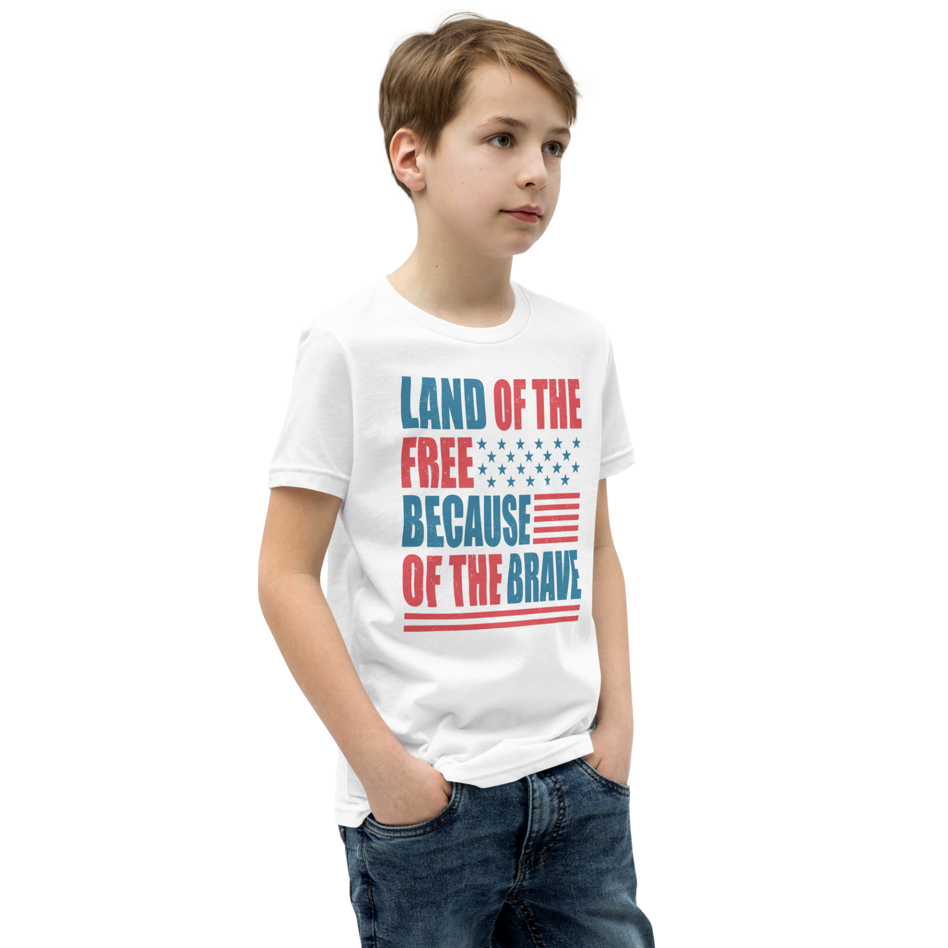 Youth T-Shirt in white with “Land of the free, because of the brave” written on it in a red and blue muted color scheme