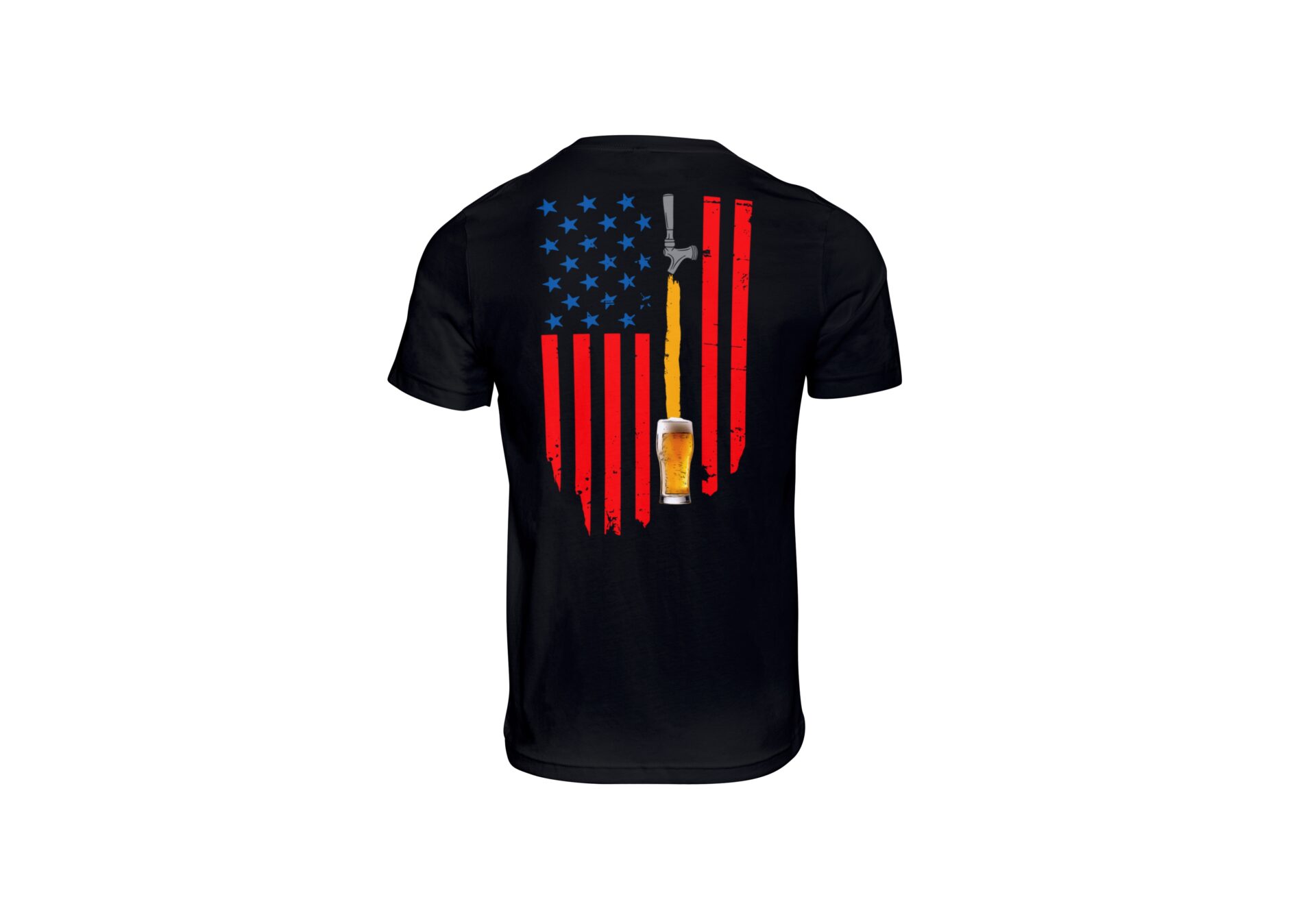 Comfort Colors C1717 unisex adult t-shirt in black with the saying “Red, White, and Brew” on the front (not pictures). The back features a distressed American flag and a beer tap pouring into a class