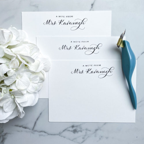 Personalized Calligraphy Note cards reading "A note from: Mrs. Kavanagh"