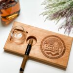 11 inch by 6 inch cherry wood cigar and whiskey holder with customizable images in a 4 inch by 6 inch area engraved with a laser engraver