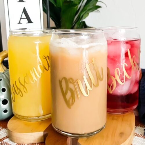 beer can glass cups with gold font