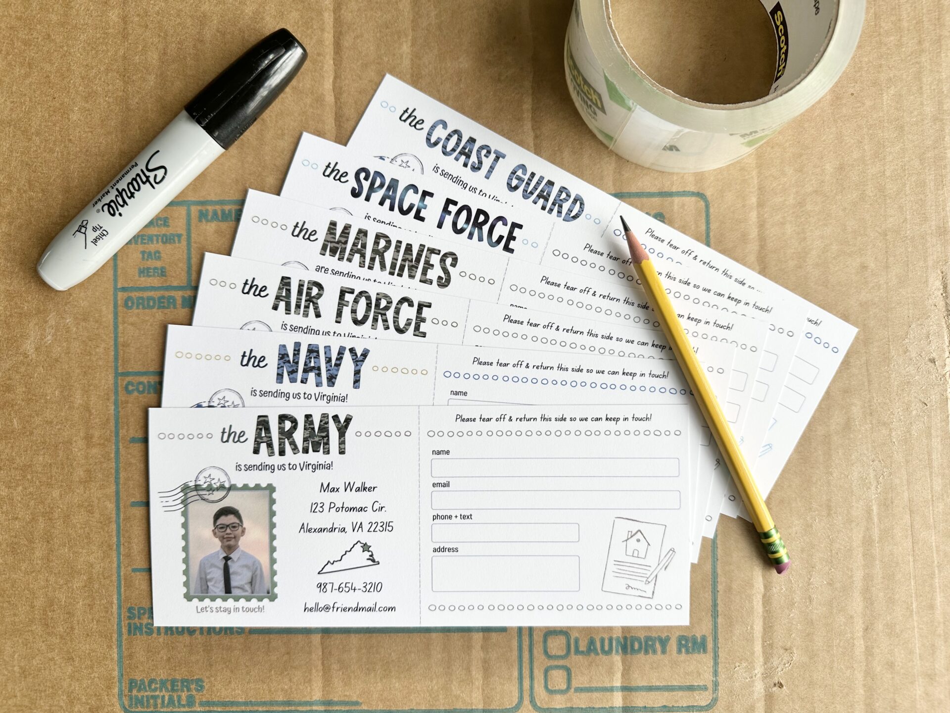 Personalized Military Kids PCS Stay in Touch Contact Cards - Spouse-ly