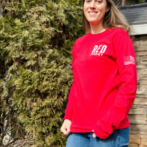 Bella Canvas 3501 long sleeve tee in red with left sleeve flag and back flag designs