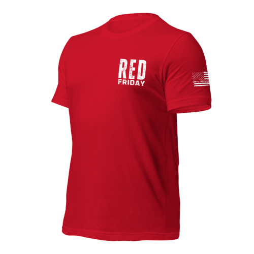Bella Canvas 3001 t-shirt in red with RED Friday on left chest and flag detail on left sleeve
