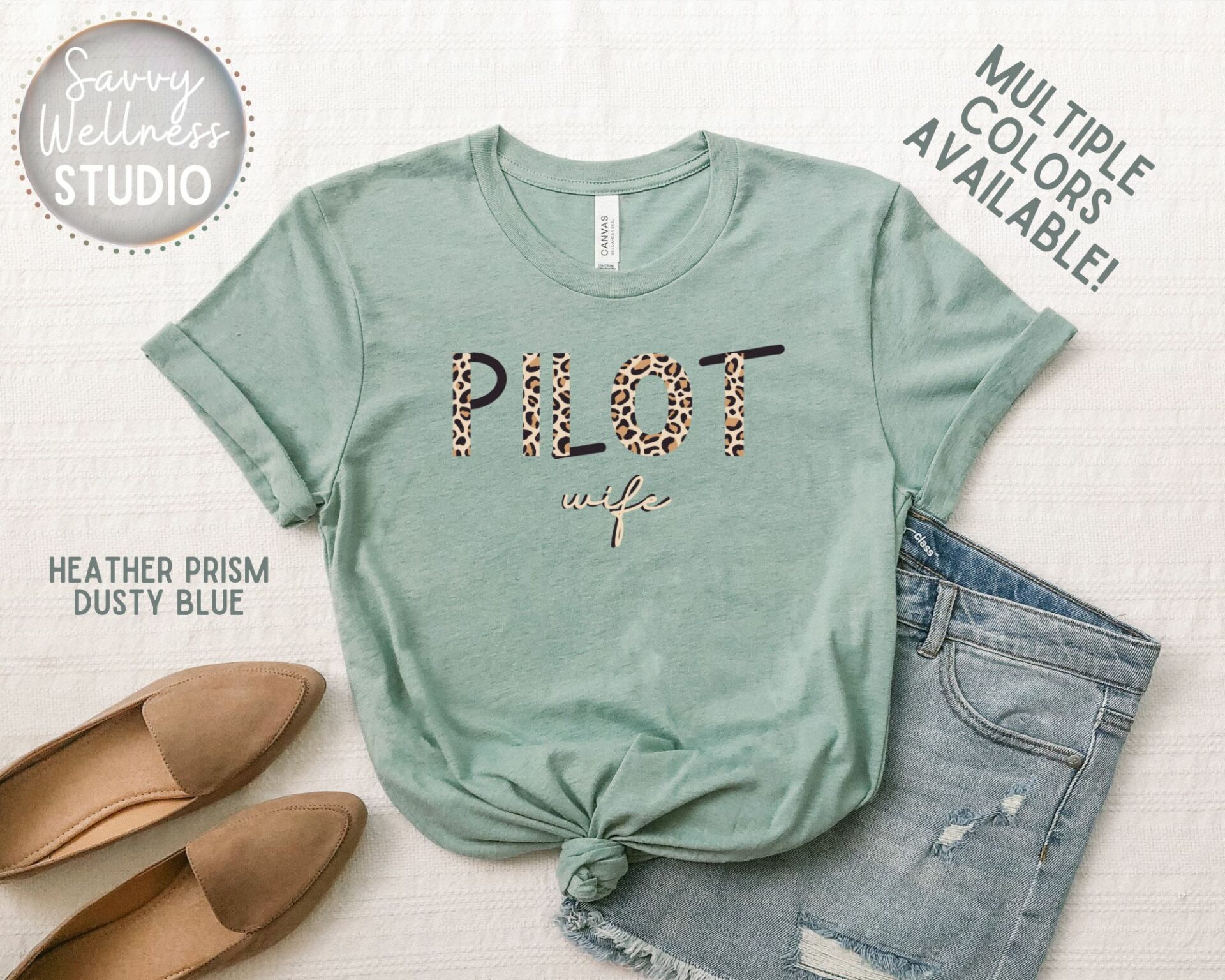 Pilot Wife Cheetah Print Shirt in Heather Prism Dusty Blue