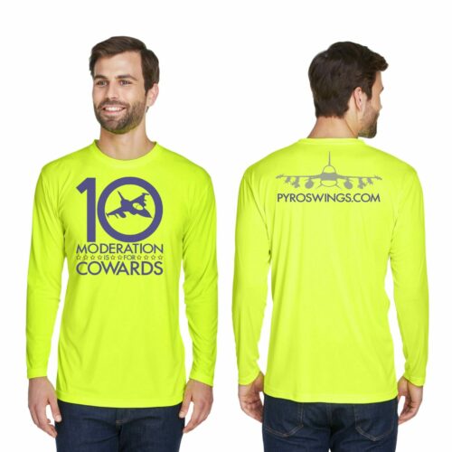 UltraClub 8422 Unisex adult dry fit long sleeve tee in bright yellow with PYROS Gear 2024 logo on it