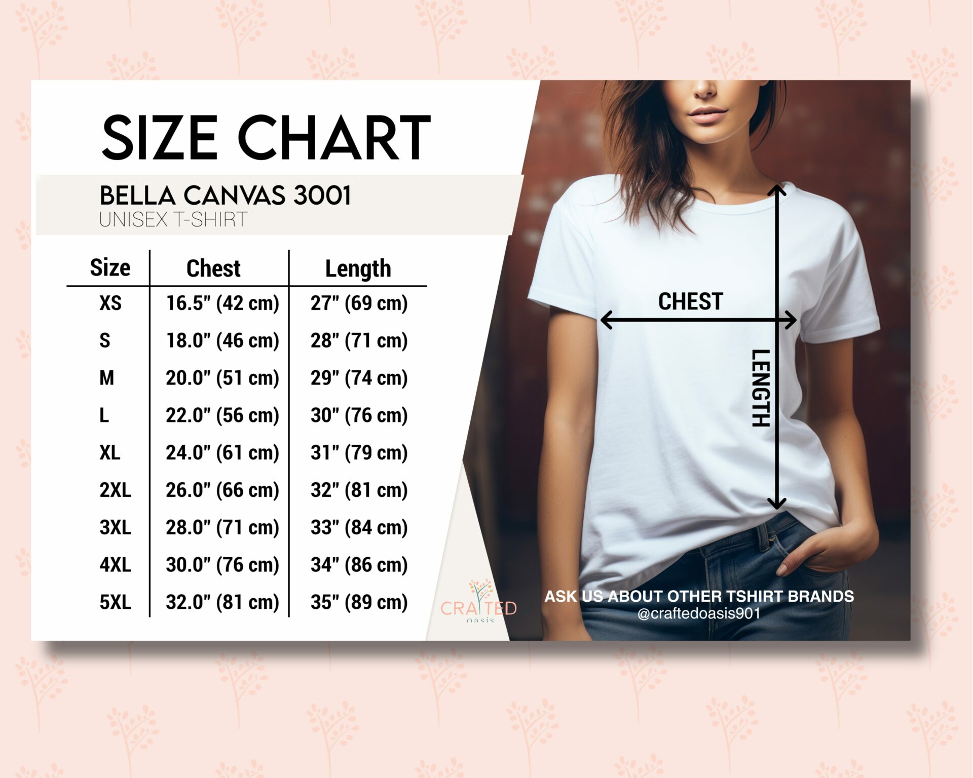 Unisex Bella & Canvas 3100 Tee Shirt Size Chart - XS to 5XL, Chest and Length Measurements