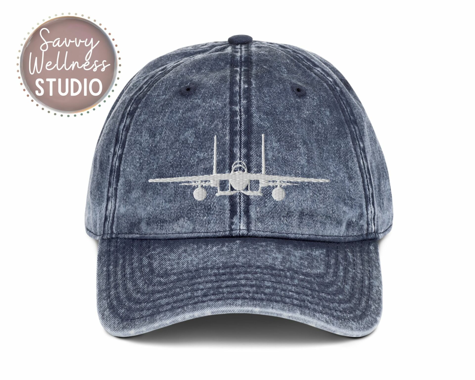 F-15 front view in white embroidery on navy baseball cap