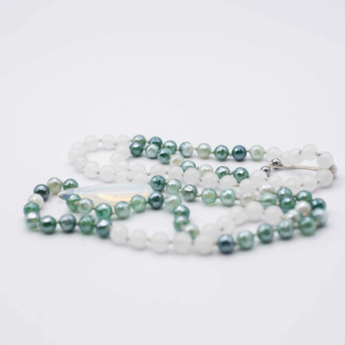 Opalite, Green Agate & White Jade Knotted Necklace