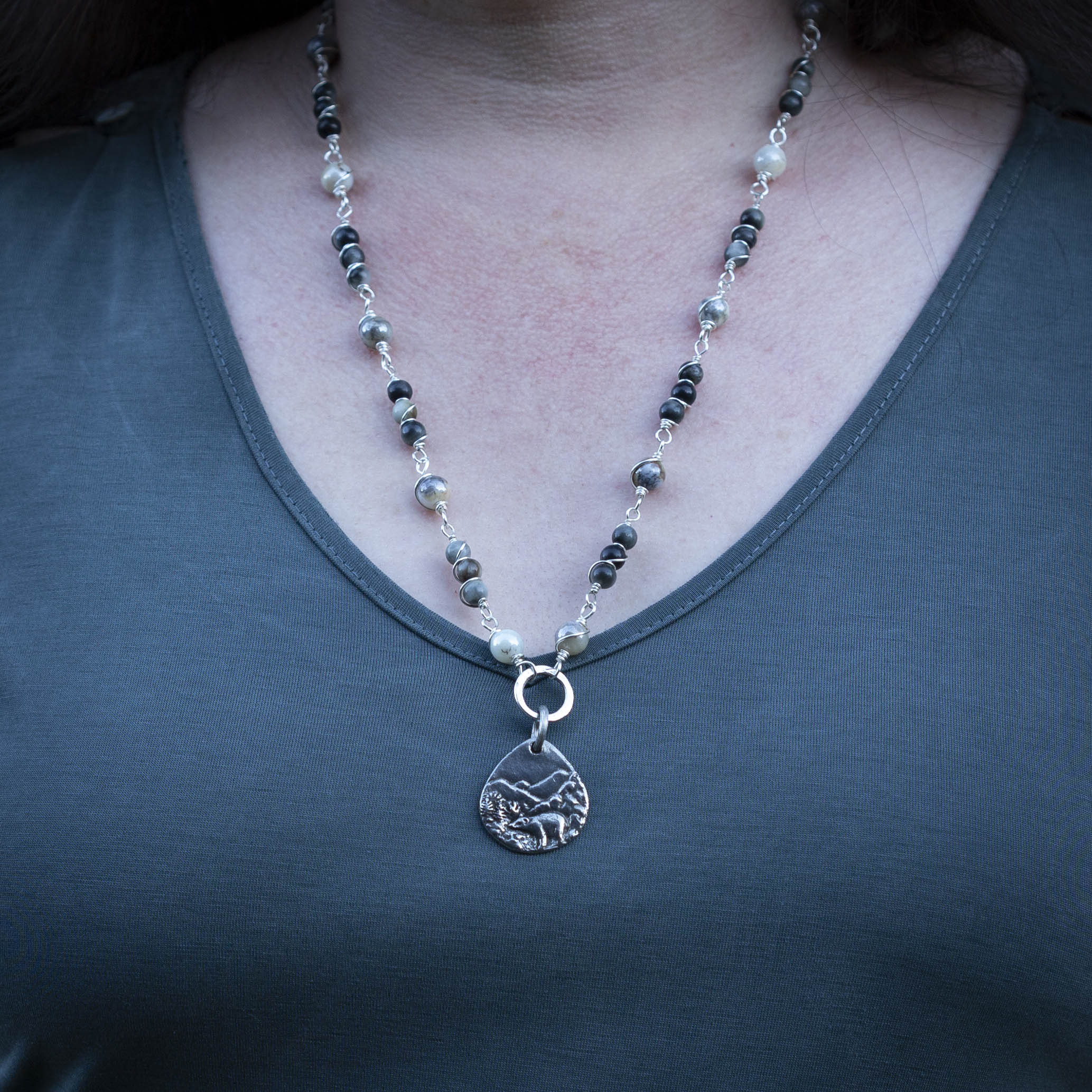 Bear Pendant Gemstone Beaded Chain Necklace