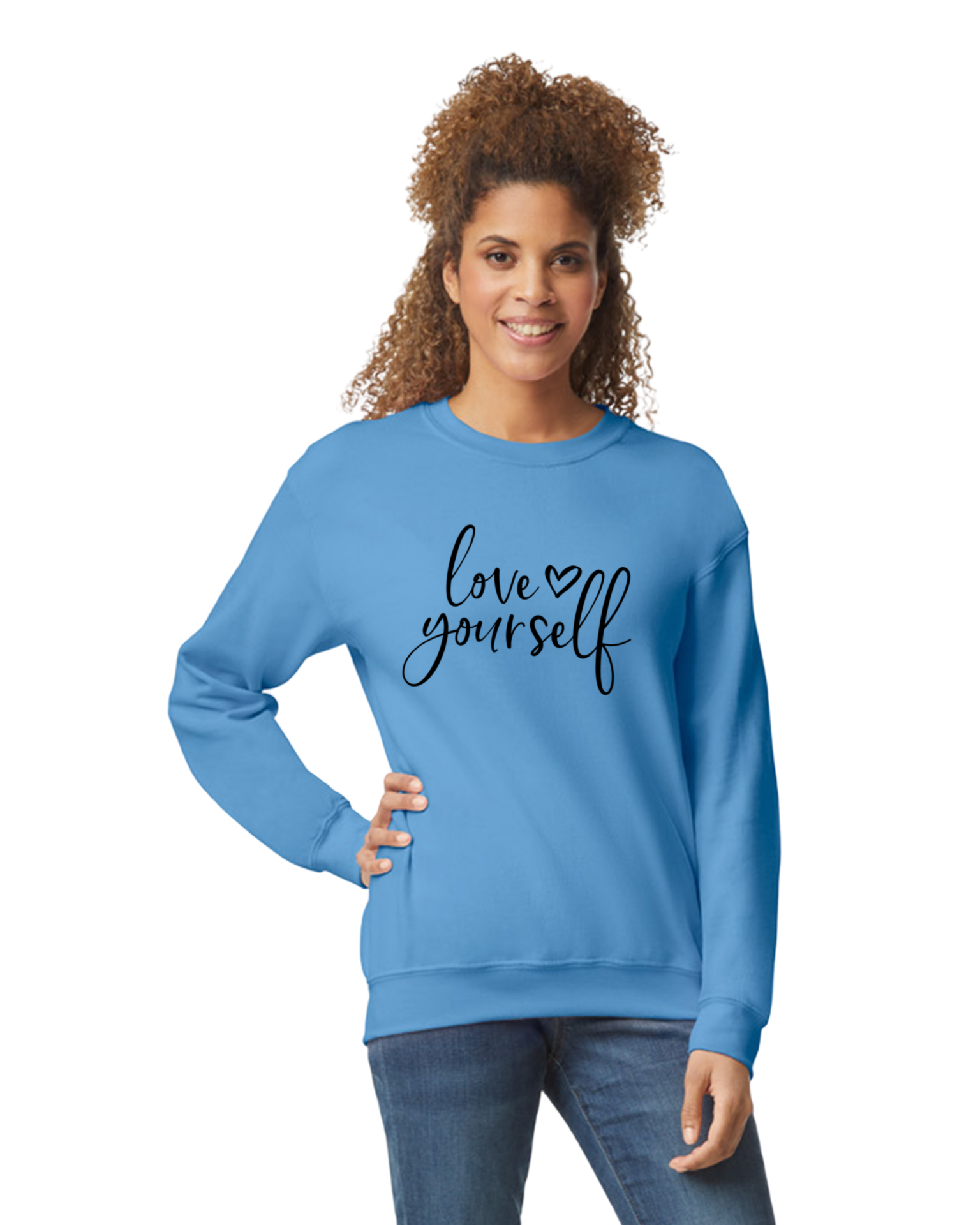 Preview of the Gildan G180 Carolina Blue Crew with Lady Boss "Love Yourself" inspiring message.